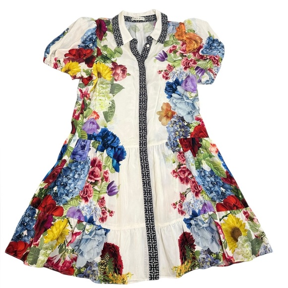 Alice + Olivia Claire Placed Floral Tiered Mini Shirtdress - Picture 5 of 12